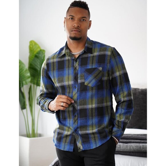 Men's Blue Flannel Plaid Shirts Long Sleeve Button Down Casual Fall Shirt - Picture 3 of 6